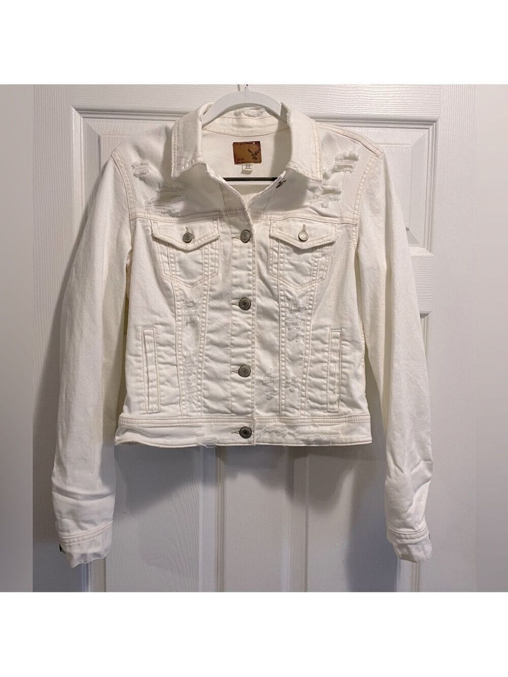 American Eagle Outfitters AE White Distressed Denim Coat Jean Jacket Sz Medium